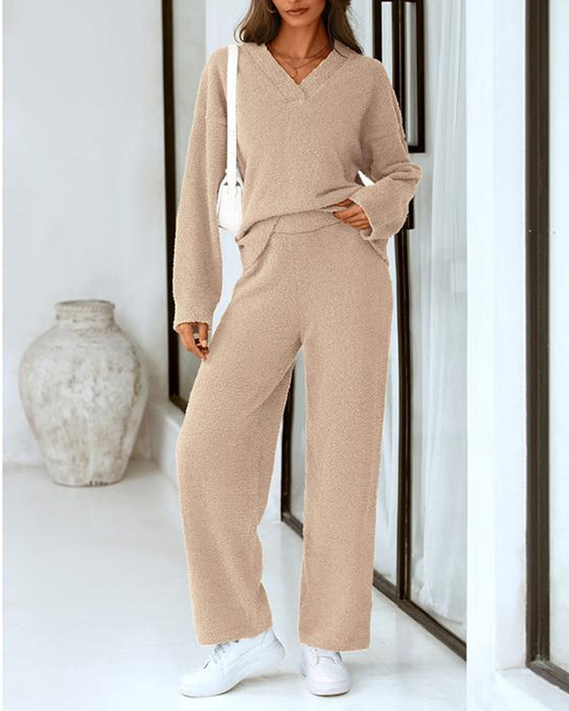 Soft Fuzzy V-Neck Loungewear Set