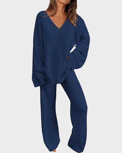 Soft Fuzzy V-Neck Loungewear Set