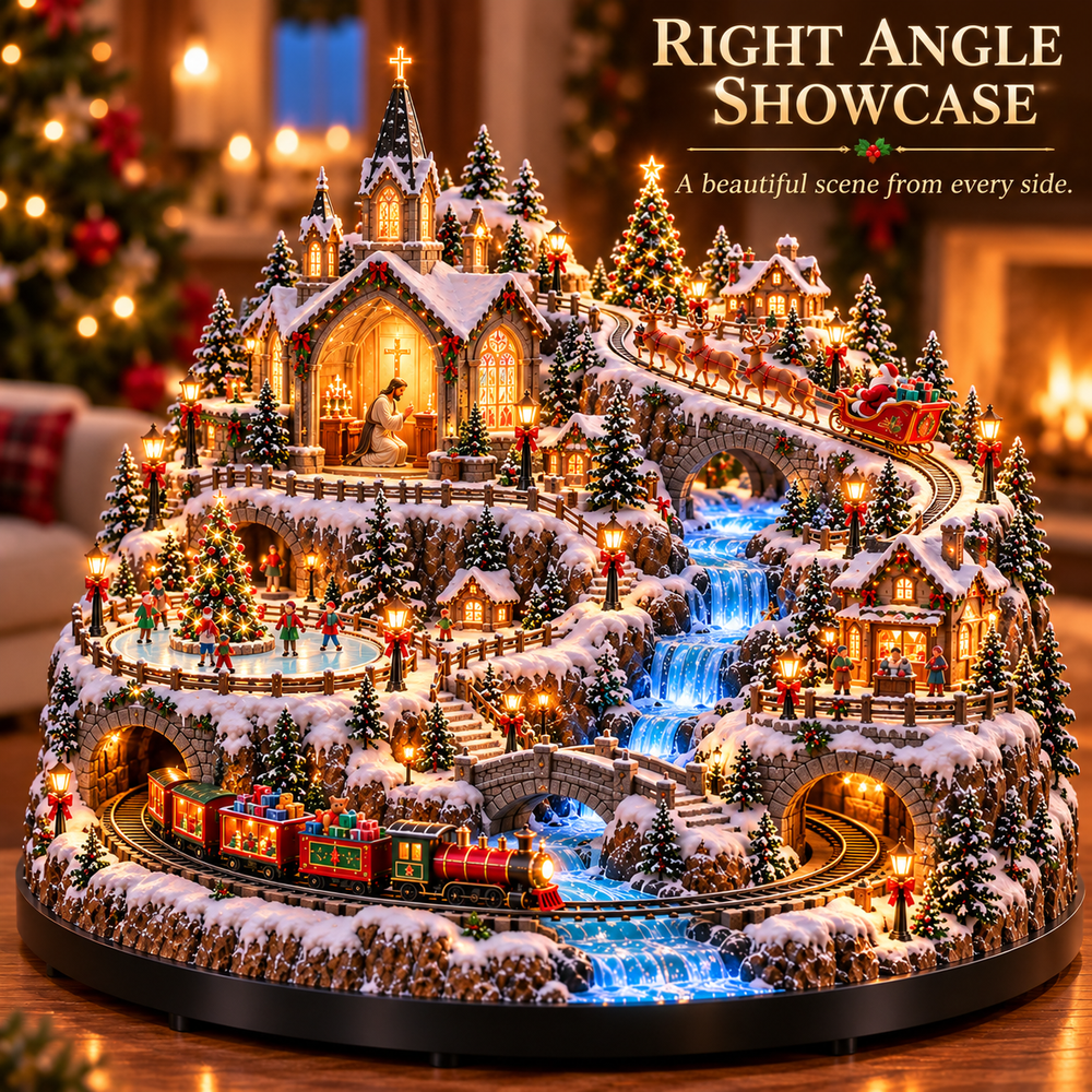 Angled view showing the Christmas train, sleigh route, lit cabins and snowy landscape