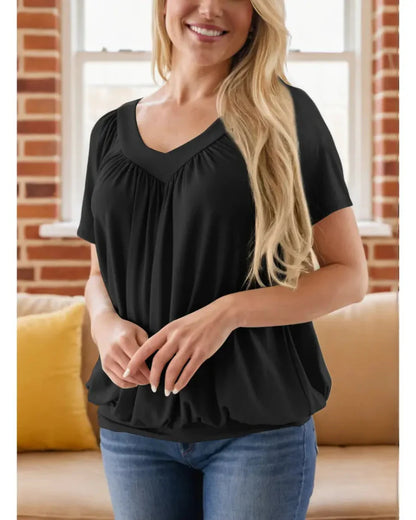 Women's Casual Summer V Neck Short Sleeve T Shirt Loose Fit Comfort Shirred Top