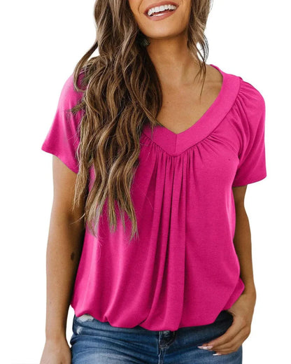 Women's Casual Summer V Neck Short Sleeve T Shirt Loose Fit Comfort Shirred Top