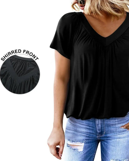 Women's Casual Summer V Neck Short Sleeve T Shirt Loose Fit Comfort Shirred Top
