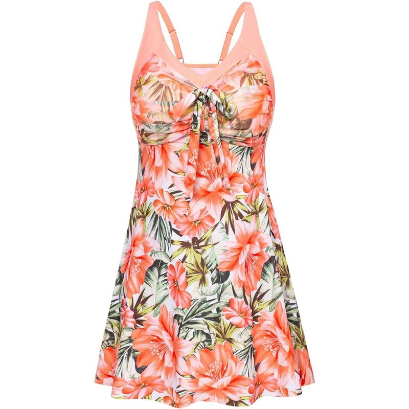 Women's Two Piece Swim Dress Plus Size Tummy Control Tankinis Swimdress Floral Printed Swimwear Swimsuits with Boyshort