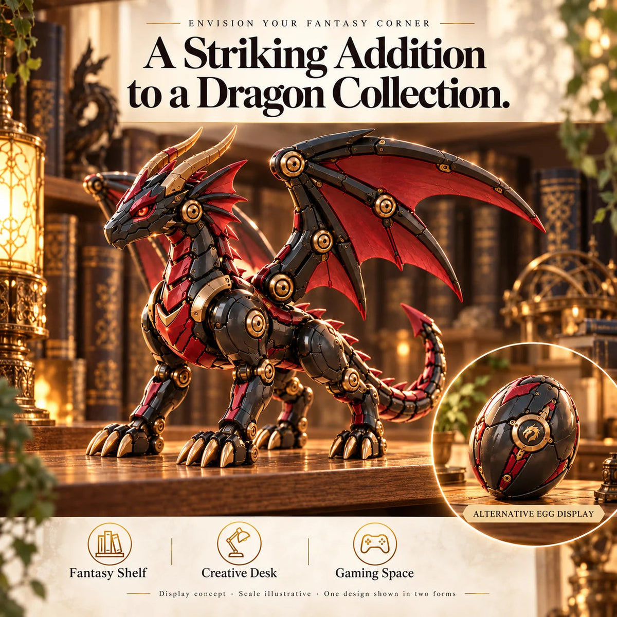🔥last Day 49% Off🔥-🐉 Mechanical Dragon Egg – Black & Crimson Dragon With Folding Wings & Armored Details