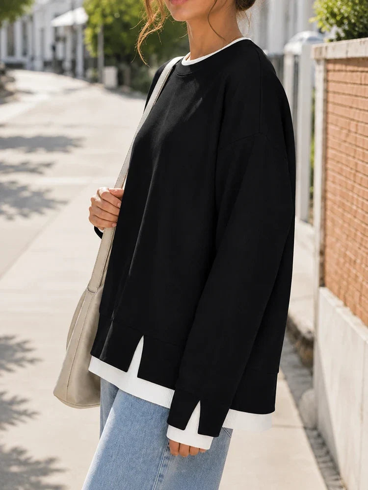 Faux-Layered Oversized Crewneck Sweatshirt