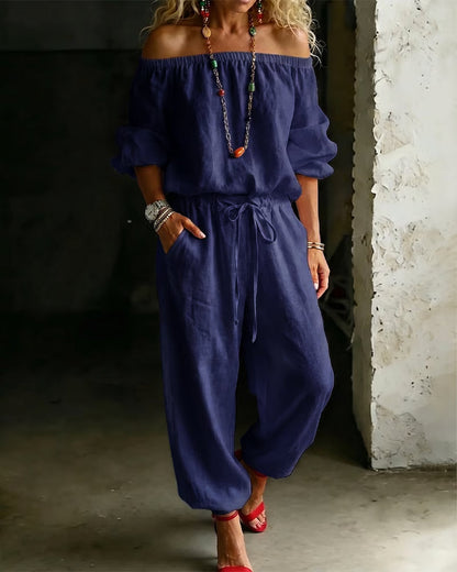 Off-Shoulder Tie Waist Cinched Waist Jumpsuit