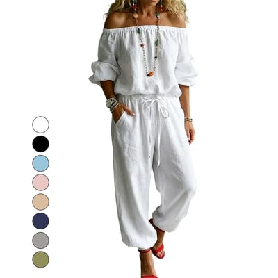 Off-Shoulder Tie Waist Cinched Waist Jumpsuit