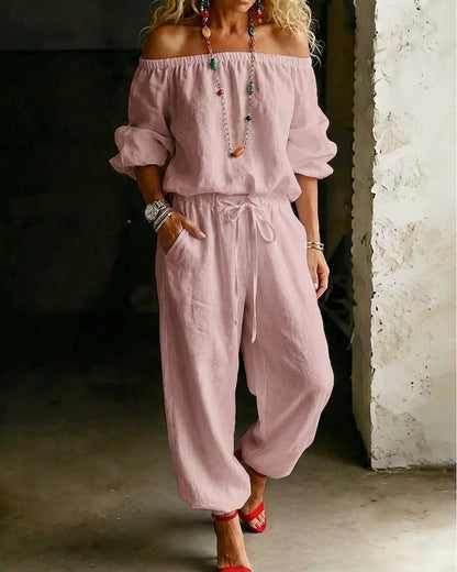 Off-Shoulder Tie Waist Cinched Waist Jumpsuit