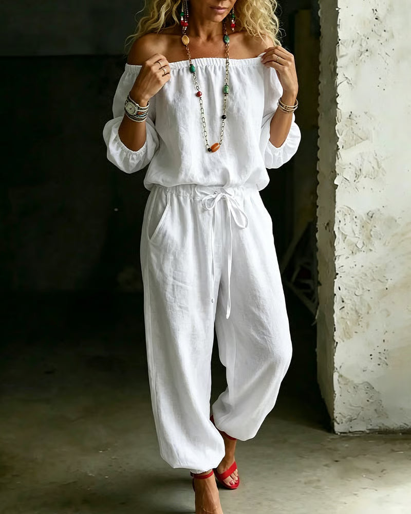 Off-Shoulder Tie Waist Cinched Waist Jumpsuit