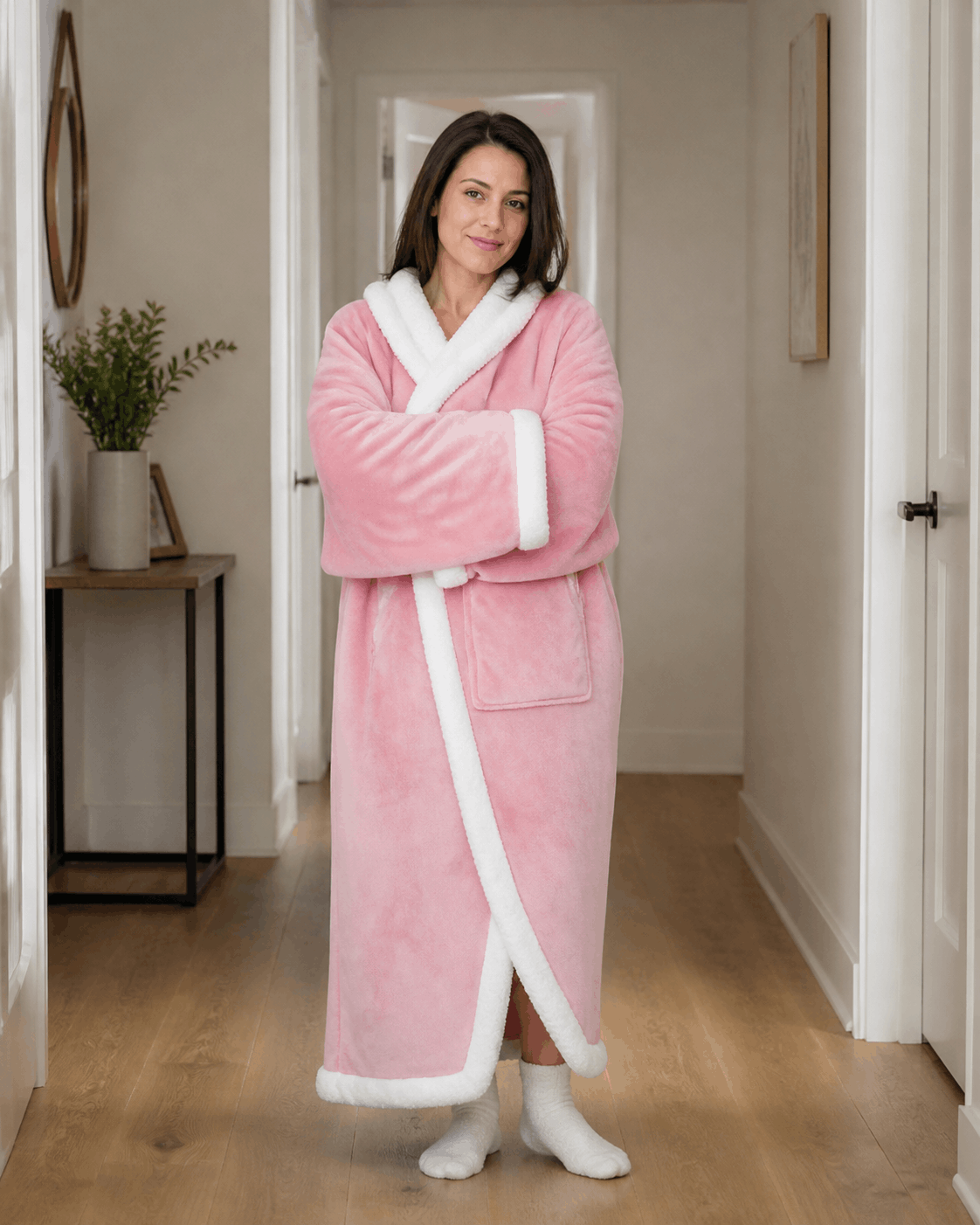 Woman relaxing at home wrapped in her HeyShapely heated blanket, hands in the heated pockets